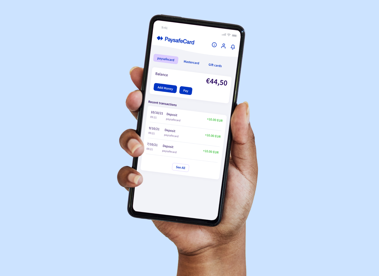 Paysafecard app on smartphone — balance overview